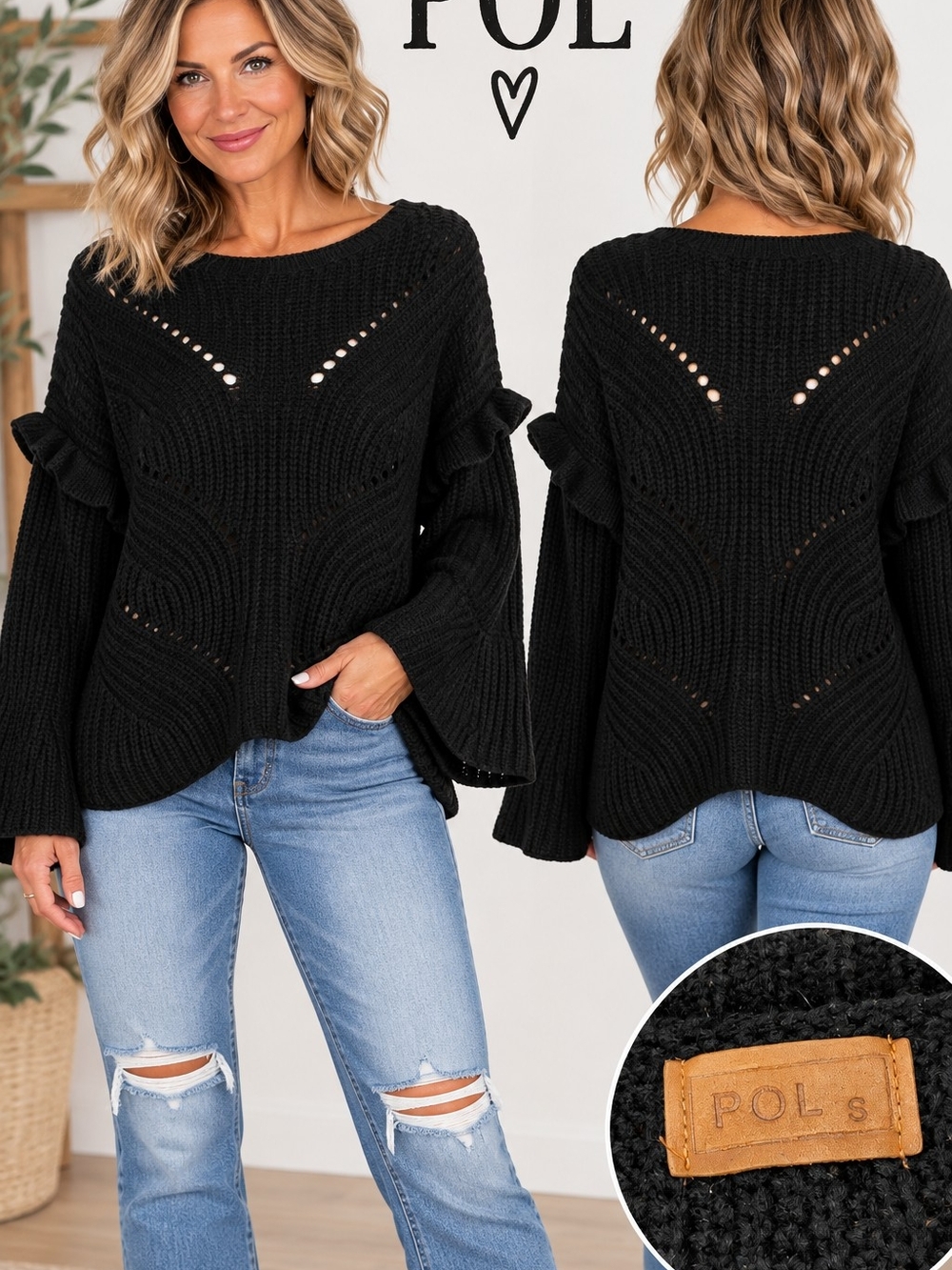 POL Black Pointelle Ruffle-Sleeve Scoop Sweater